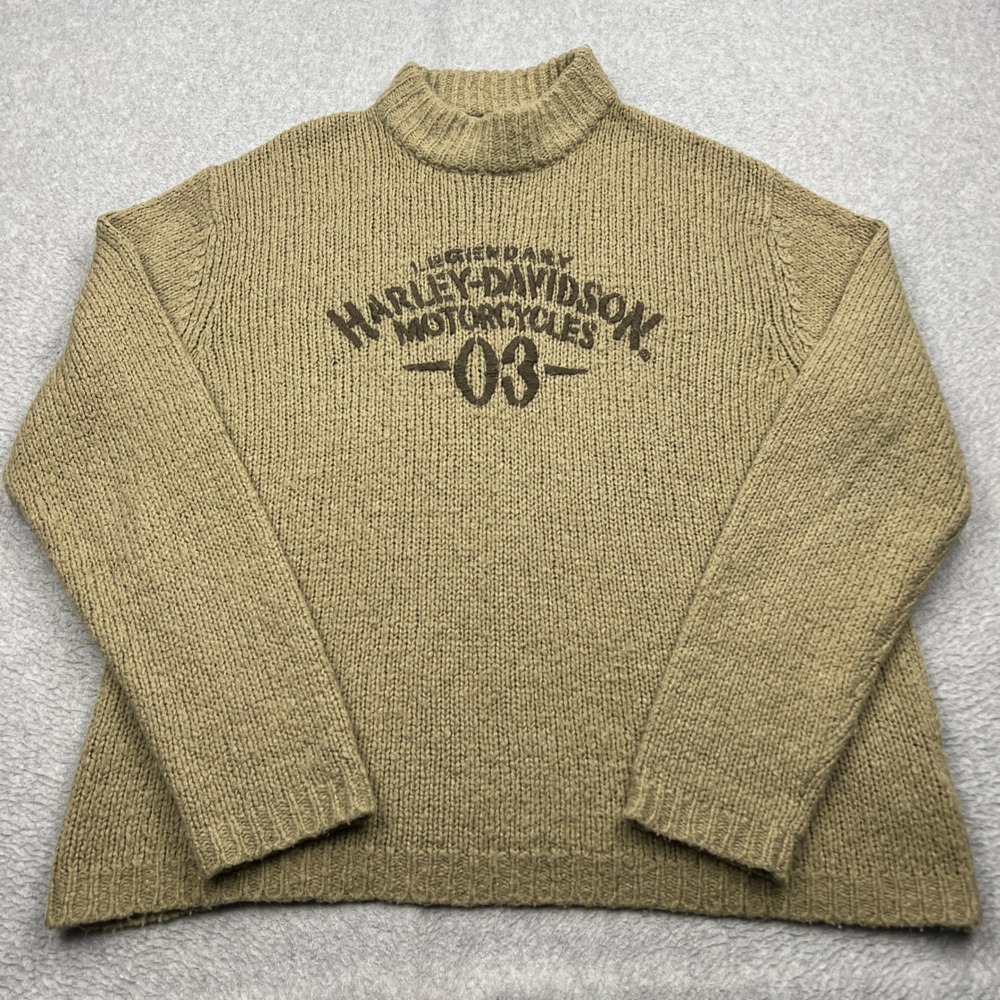 Harley-Davidson Turtleneck Sweater Mens XL Tan Embroidery Chunky Knit Motorcycle